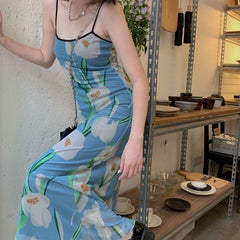 Dress Women Summer New Fashion Elegant French Style Retro Mesh Spaghetti Strap Sweet Sundress Holiday Streetwear Colorful Female