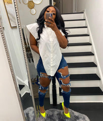 Pbong mid size graduation outfit romantic style teen swag clean girl ideas 90s latina aesthetic freaknik tomboy swaggy going out classic eBlouses Tops Sexy Cut Out Side Button Up White Shirt Women Fashion Clothing Sleeveless Streetwear Women's Shirts