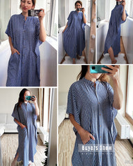 Casual Bikini Cover-ups Blue Tunic Sexy Striped Front Open Summer Beach Dress Elegant Women Beach Wear Swim Suit Cover Up  Pbong mid size graduation outfit romantic style teen swag clean girl ideas 90s latina aesthetic
