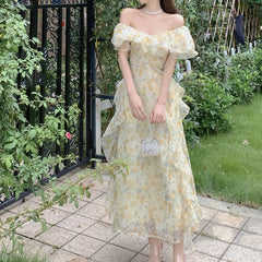 Off The Shoulder Dresses Women Ruffles Floral Designer Fairy Elegant Dress Female Summer Evening Party Vintage Midi Dresses