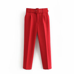 Women fashion solid color sashes casual slim pants chic business Trousers female fake zipper pantalones mujer retro pants P575