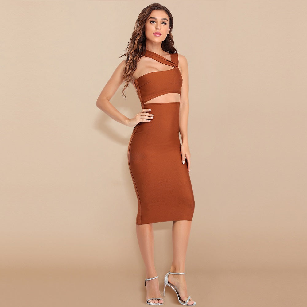 Pbong mid size graduation outfit romantic style teen swag clean girl ideas 90s latina aesthetic  Autum Sexy Elegant Brown HL Bandage Dress Bodycon Hollow Out Halter One Shoulder Vestido Midi Length Club Party XL