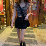 Summer New Plaid Tshirts Women Retro Square Collar Shirt Casual Lace Tees Puff Sleeve Y2k Crop Tops Female Korean Fashion