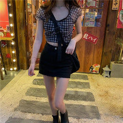 Summer New Plaid Tshirts Women Retro Square Collar Shirt Casual Lace Tees Puff Sleeve Y2k Crop Tops Female Korean Fashion
