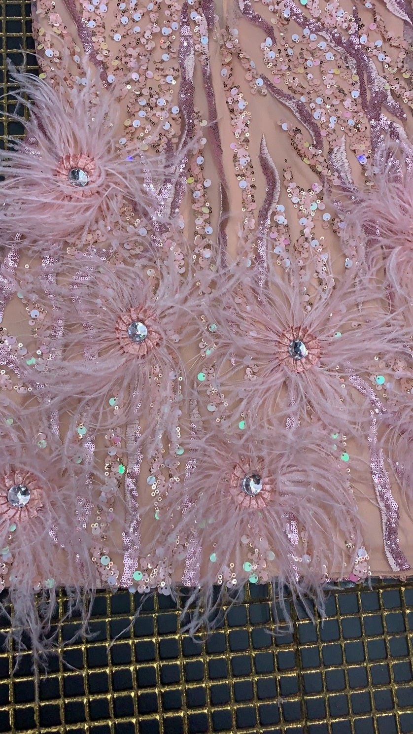 Pbong High Quality Pink Mini Feather V-neck Fashion Bodycon Dress Night Club Party Bodycon Dress