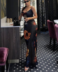 Fashion Sexy Long Sleeveless Dress Flame Print Design For Elegant  Beautiful Women Go Out Party Club Vacation Wear