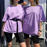 New Casual Solid Women's Two Piece Suit with Belt Solid Color Home Loose Sports Fashion Leisure Suit Summer Clothing