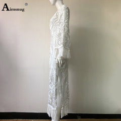 Boho Lace Solid White Perspective Thin Female The Dress Round Neck Embroidery Tassel Bilateral split  Women Dresses