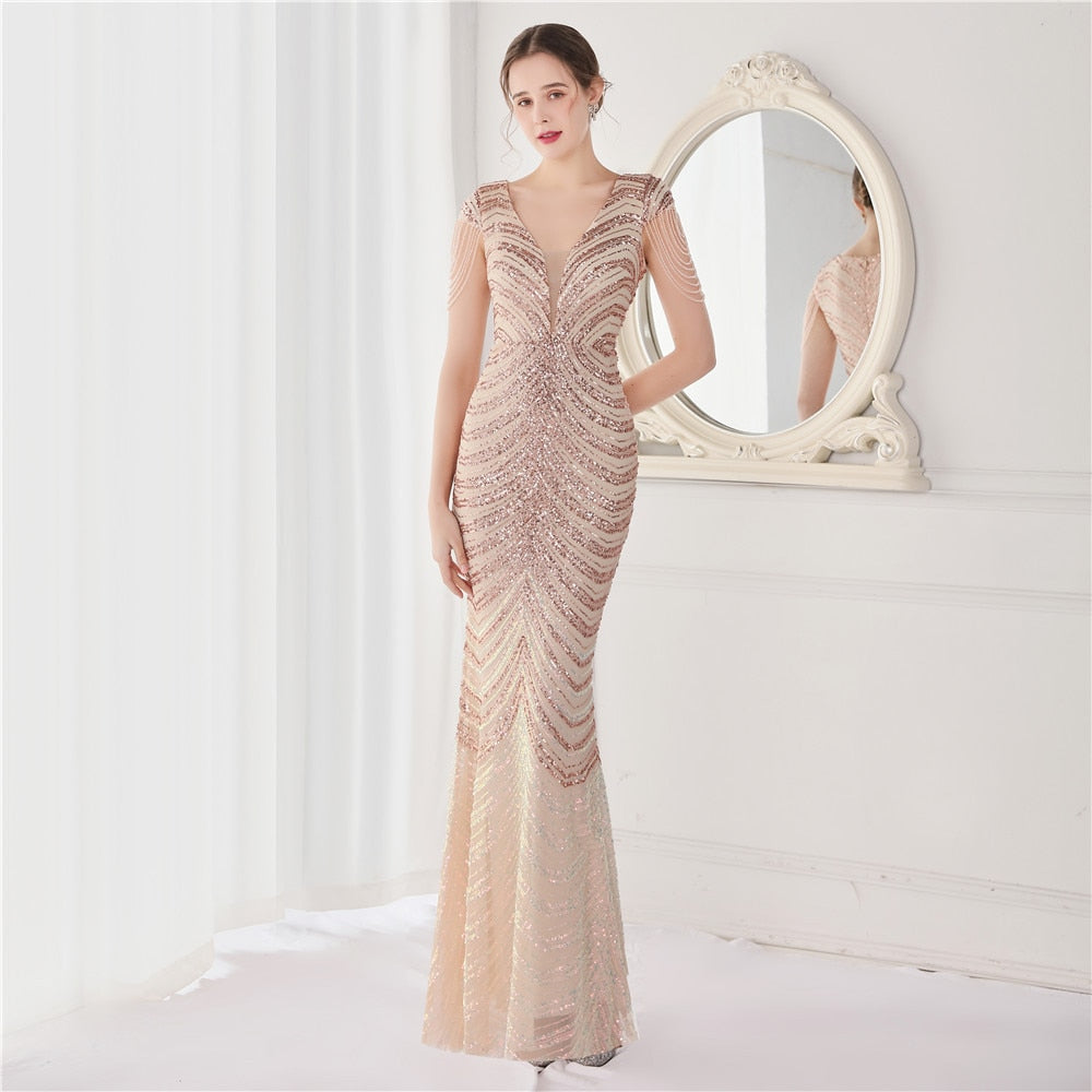 Deep V Neck Green Sequin Evening Dress Sexy Party Maxi Dress Women Beading Dress Long Prom Dress 19085