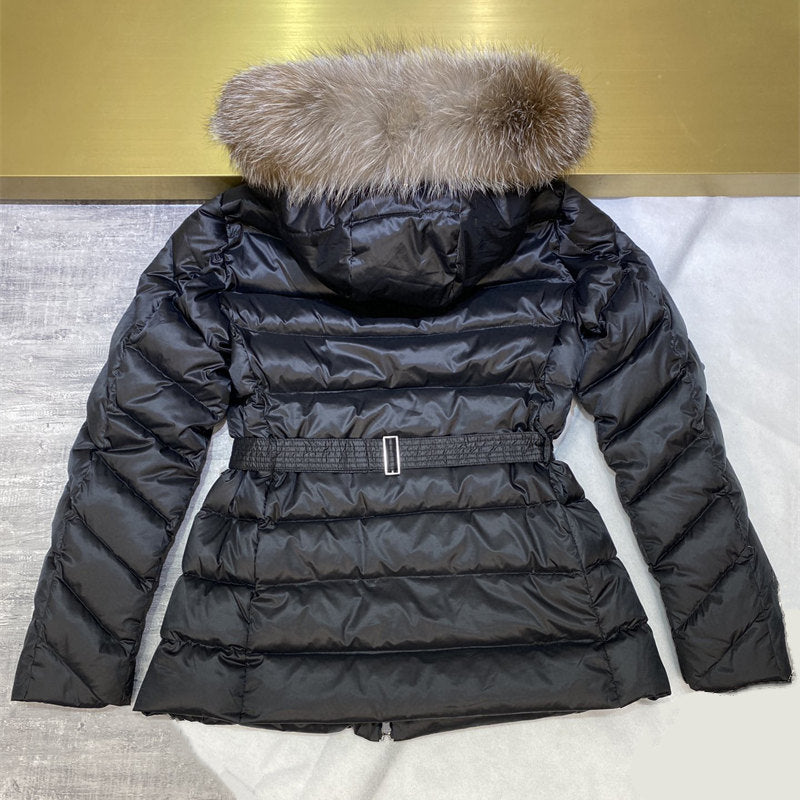 High Quality Women Fashion Hooded Down Jackets Large Fox Fur Collar Light Fluffy Winter Warm Down Coats with Belt Casual Clothes