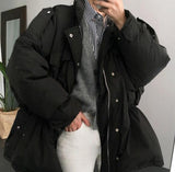 Korea Women Winter Thick Solid Cotton Parka Drawstring Slim Waist Overcoat Oversize Coat Jacket Zipper Outerwear with Pocket