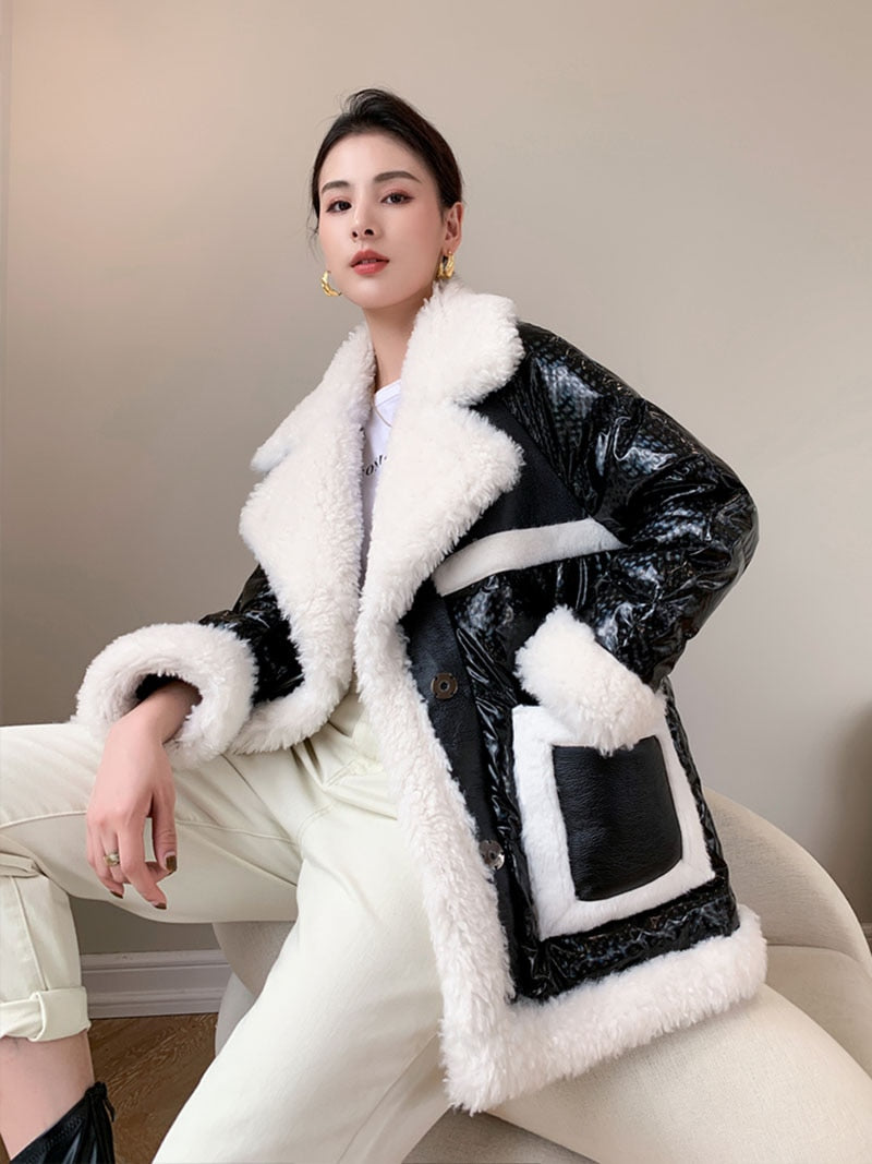 Lamb Wool Shiny Down Jacket Women mid-length  new Winter Black Thick Duck Down Fur Coat