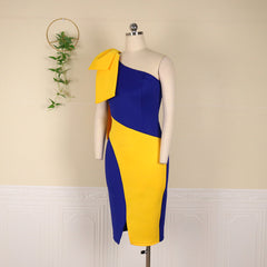 Women Dresses Bodycon Party Sexy One Shoulder Bowtie Blue Yellow Patchwork Irregular Sheath Event Lady African Autumn Night Out  Pbong mid size graduation outfit romantic style teen swag clean girl ideas 90s latina aesthetic