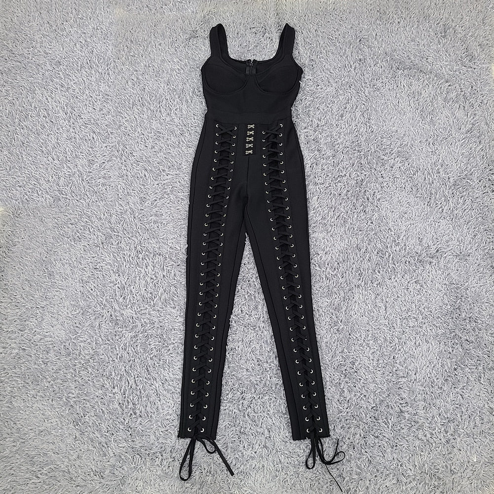 High Quality Black White sleeveless Weaving Rayon Bandage Jumpsuit Cocktail Party Bodycon Jumpsuit Vestidos