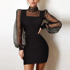 Women Elegant Patchwork Hollow Out Dress New Spring Turtleneck Shiny Silk Club Party Dress Autumn Mesh Long Sleeve Bodycon Dress