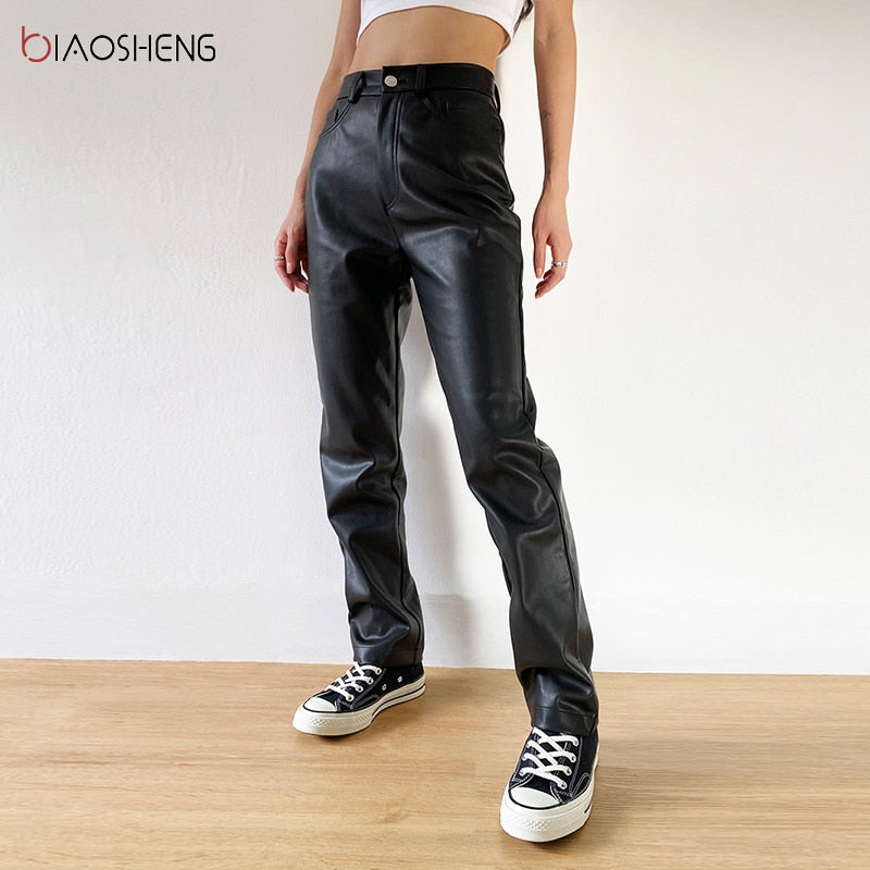 Cargo Pants Women Black Faux Leather Pants High Waist Pants Pockets Fashion Sexy Straight Trousers Streetwear