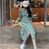 Spring Plaid Oversized Blazer Women Single Breasted Lace Up Mid-length Suit Jacket Ladies High Quality Outerwear