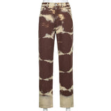 pbong Brown Tie Dye Print Y2k Baggy Mom Jeans Women Vintage Aesthetic Straight Denim Pants High Waist Gray Trousers Streetwear