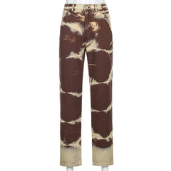pbong Brown Tie Dye Print Y2k Baggy Mom Jeans Women Vintage Aesthetic Straight Denim Pants High Waist Gray Trousers Streetwear