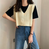 Sweater Vest Autumn winter All-match Basic Fashion Ladies Jumpers Lovely Candy Color V-neck College Girls Cropped Knitwear