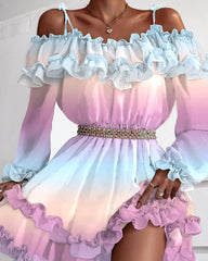 Fashion Cold Shoulder Ruffles Frill Hem Graphic Print Long Sleeve Fairy Flower Sundress Summer Women's Dress Femme Robe Longue