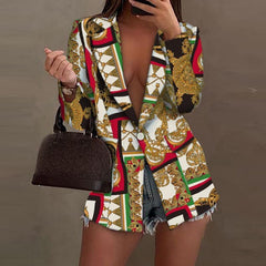 Women Cardigan Suit Jacket Retro Pattern Print Office Lady Slim Blazer Elegant Turn-down Collar Button Fashion Coats Streetwear