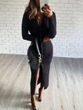 Long Sleeve Party Dresses Women Button Knitted Ankle-Length V-Neck Skinny Autumn  Sexy Dresses Women Cotton Split Hem