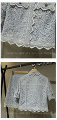 Summer Fashion Designer Runway Lace 2 Piece Set Women Blue Hollow Out Shirt Top+High Waist A-Line Sweet Skirt Hook Flower Set