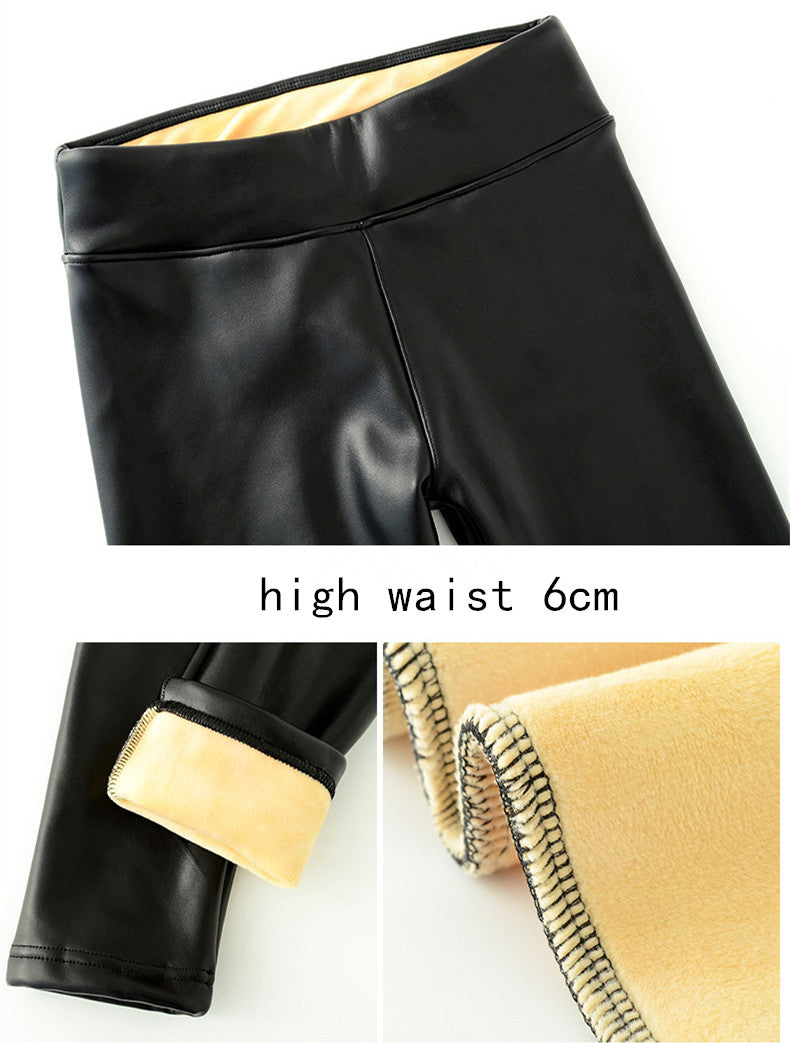 Winter Leather Pants For Women Gold Fleeces Warm Thicken Pencil Pants High Waist PU Skinny Leggings Female Fall Trousers P9108