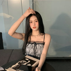 Black Sexy Camis Women Casual Korean Style Sleeveless Y2k Crop Tops Female Elegant Party Lace Tanks Slim Spaghetti Strap Shirts