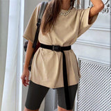 New Casual Solid Women's Two Piece Suit with Belt Solid Color Home Loose Sports Fashion Leisure Suit Summer Clothing