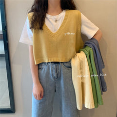 Sweater Vest Autumn winter All-match Basic Fashion Ladies Jumpers Lovely Candy Color V-neck College Girls Cropped Knitwear
