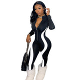 Fitness Sportwear Rompers Women Casual Stripe Patchwork Long Sleeve Zippes V Neck Workout Jumpsuit Outfit One Piece Overalls