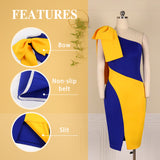 Women Dresses Bodycon Party Sexy One Shoulder Bowtie Blue Yellow Patchwork Irregular Sheath Event Lady African Autumn Night Out  Pbong mid size graduation outfit romantic style teen swag clean girl ideas 90s latina aesthetic