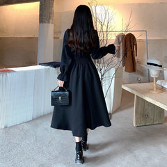 Black Elegant Dress Women Vintage Long Sleeve Spring Autumn Dresses Square Collar Oversize Loose Casual Robe Streetwear