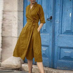 Elegant Half Sleeve Cotton Linen Party Dress Fashion Office Lady Lapel Wrap Lace-Up Long Dress Autumn Casual Pocket Solid Dress