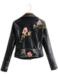 New Arrival Autumn Fashion Women Embroidery PU Leather Jacket Chic Rivets with Belt Biker Jackets Zippers Ladies Coats Outerwear