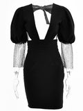 Articat Sexy Puff Crystal Diamond Sleeve Bodycon Dress Women Elegant Backless Mini Dress High Street Black Deep V-neck Vestidos