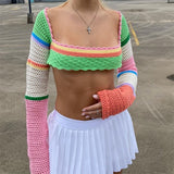 Women Summer Crop Tops Splicing Crochet Square Neck Long Sleeves Knitted T-shirt Tops Streetwear for Girls Green