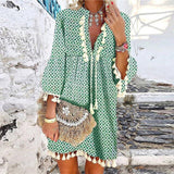 Women Floral Print 3/4 Sleeve Mini Dress Spring V Neck Tassel Vintage Party Dress Casual Loose Summer Beach Dresses Vestido