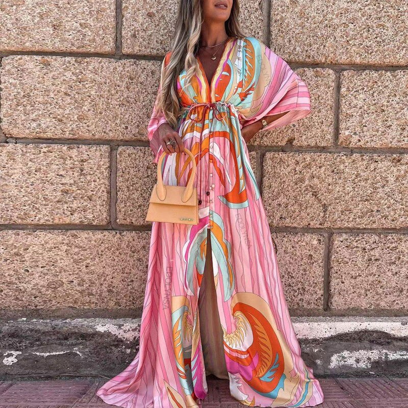 Bikini Cover-ups Boho Print Long Dress Self Belted Sexy Beach Tunic  Summer Women Beach Wear Swim Suit Cover Up Pbong mid size graduation outfit romantic style teen swag clean girl ideas 90s latina aesthetic