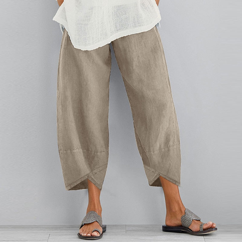 Vintage Women Cotton Linen Wide Leg Pants  Female Asymmetric Trousers Ladies Casual Loose Pockets Elastic Waist Pants