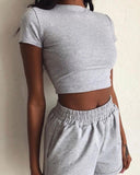 2 Piece Set Women Summer O-Neck Casual Crop Top Female Clothing Tracksuit Pockets Loose Shorts Two Piece