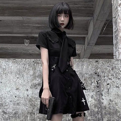 Goth Dress Punk Gothic Harajuku Summer Black Mini Dress Shirt Women Short Sleeve Emo Clothes Mall Goth Dark Academia