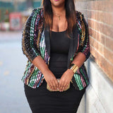 Sequins Coat Women Plus Size Jacket Colorful Striped Sequins Outwear African Clothes Turn-down Collar Top Office Lady Autumn 5XL