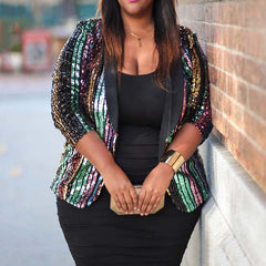 Sequins Coat Women Plus Size Jacket Colorful Striped Sequins Outwear African Clothes Turn-down Collar Top Office Lady Autumn 5XL