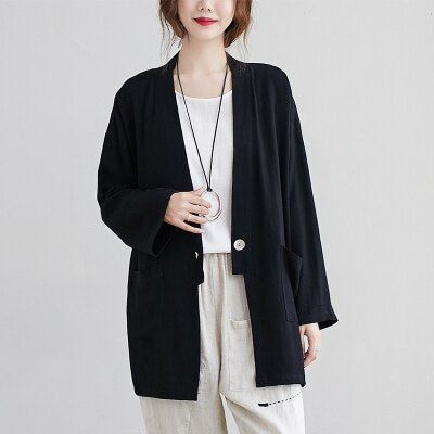 Retro Korean Loose Plus Size Long Solid Color Cardigan Suit Jacket Spring New Trend V-Neck Cotton And Linen Shirt Top Zh155