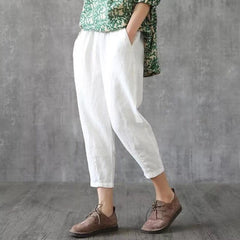 Plus Size Cotton Linen Trousers Women Summer Loose Harem High Waist Stripe Pocket Pant Casual Pantalon Female Sweatpants Trouser