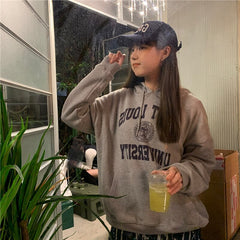 Letter Print Sweatshirt Vintage Women Hoodies Gray Cotton Warm Fleece Winter Pullovers  Autumn New Casual Streetwear Girls