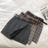 High Waist A-line Mini Skirt Vintage Casual Women Plaid Skirt Chic Sashes Korean style Lady Skirt Female Autumn Sweet